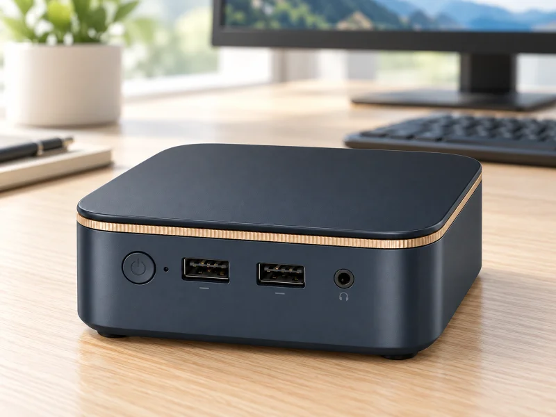 Illustratie: Dark mini PC with thin champagne-gold lid trim on a desk
