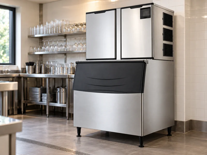 Illustration: Wide modular stainless cube ice maker on a desk