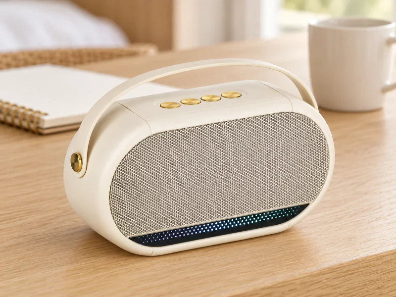 Illustratie: Ivory oval portable speaker with warm-silver grille and low carry strap on a desk in Malaysia
