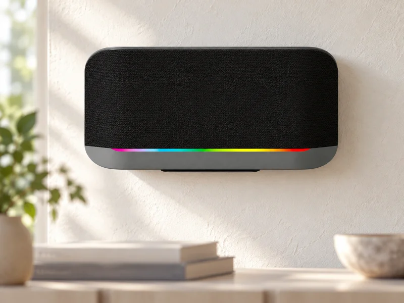 Illustratie: Black rounded wall speaker with gray base and thin rainbow light on a wall in the UK