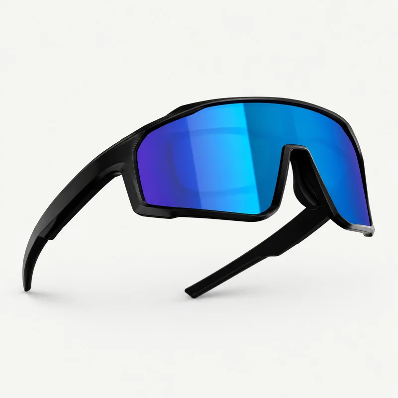 Black sports audio glasses with blue mirrored wraparound lens on a light studio background
