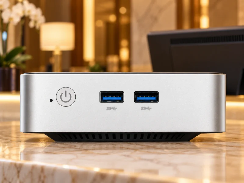 插图：Silver compact mini PC on a hotel reception counter