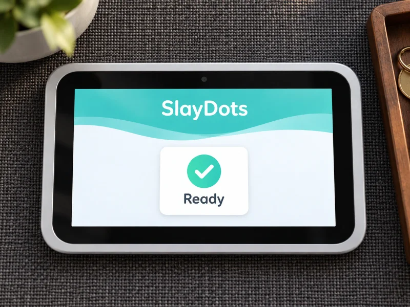 Illustratie: silver-grey8inch tablet on a counter in the UK
