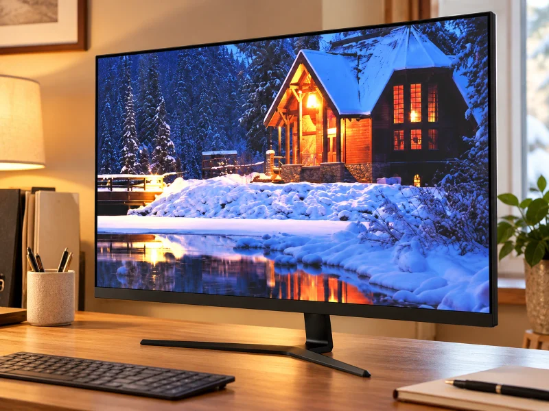 Illustration: Black thin-bezel desktop monitor with an angular stand in a UK hotel back office