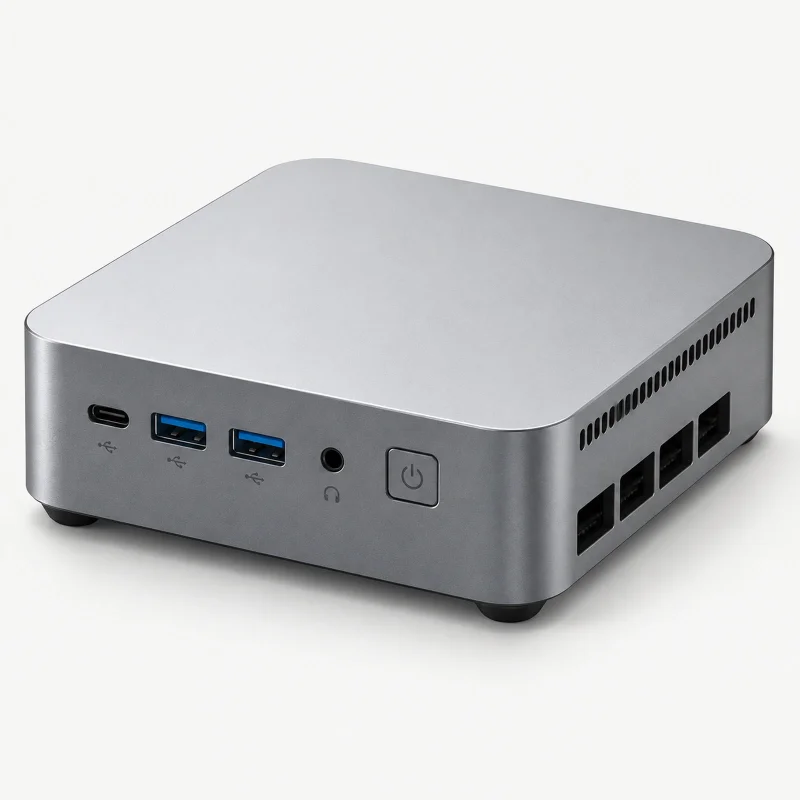 Gray mini PC with blue USB sockets and square power button on a light studio background