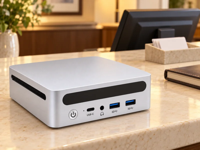 Illustration: Silver rounded mini PC with black front band on a counter