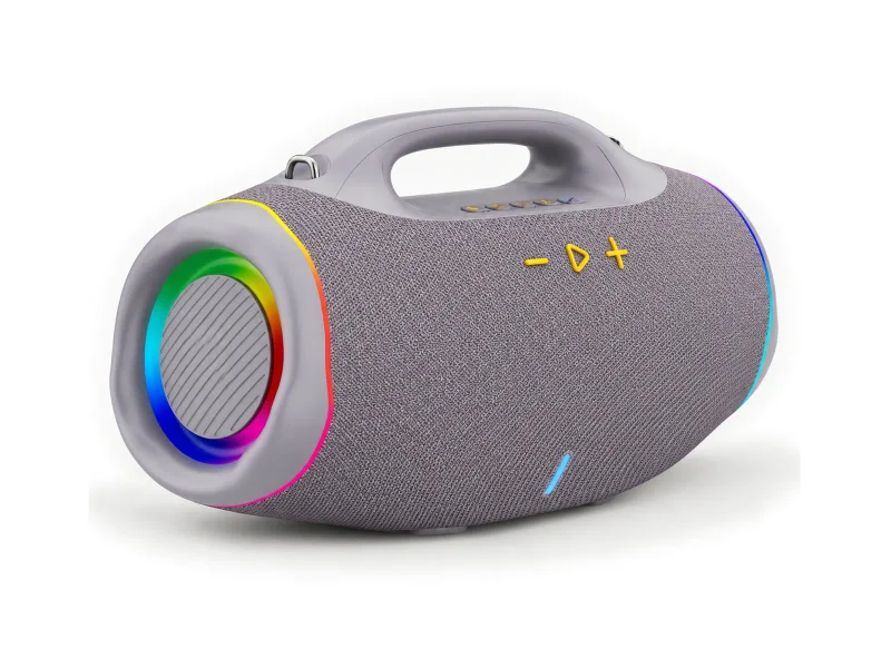 Lavender gray portable carryhandle speaker on a light studio background