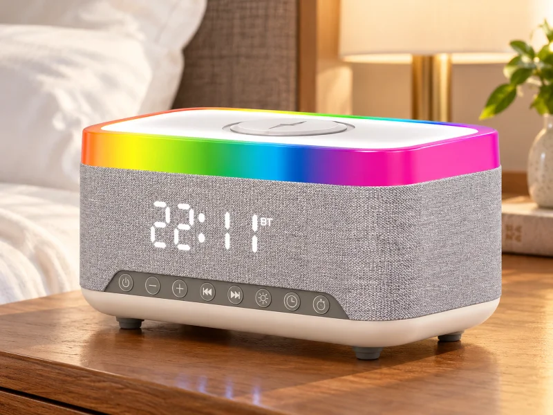 Ilustrasi: Grey fabric clock speaker with rainbow top light and white charging target on a desk in Malaysia