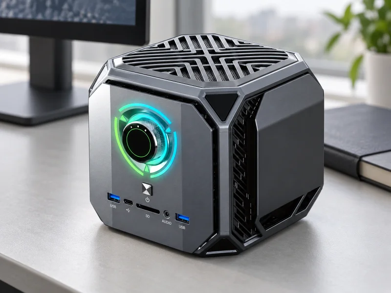Illustration: Gunmetal armored cube mini PC with circular RGB mode dial on a desk in the UK