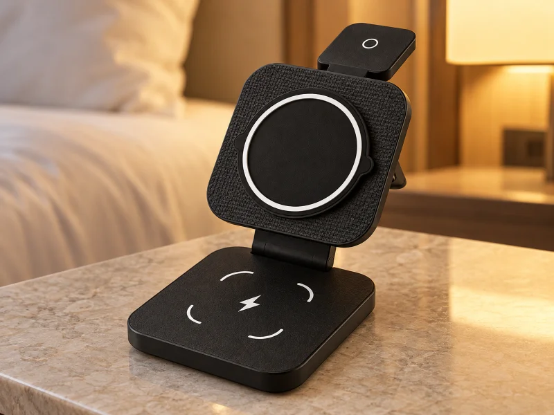 Illustration: Black open folding three-in-one charging stand on a desk in Malaysia
