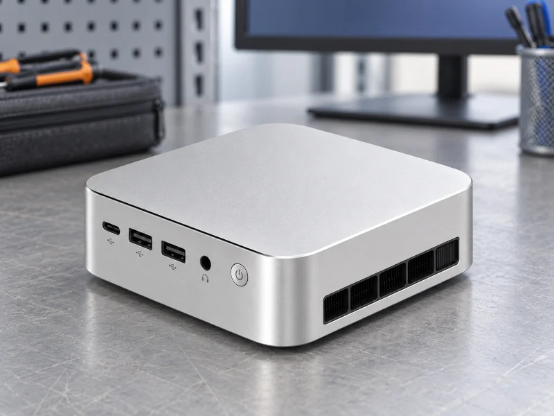 Ilustrasi: Silver compact mini PC with segmented side vent on a workbench