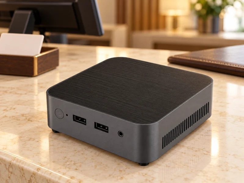 Illustratie: Dark grey mini PC with fine-lined black top and two black USB-A ports on a counter