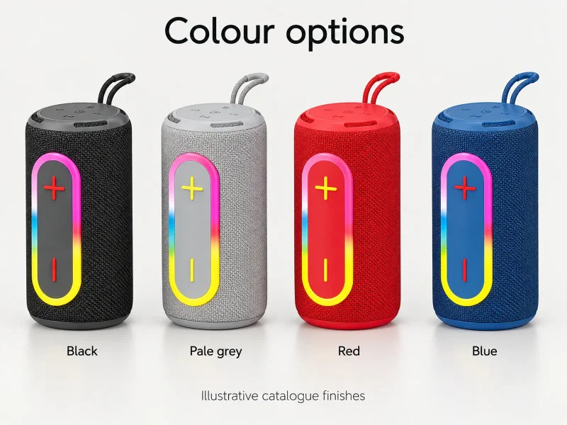 Slender cylindrical woven speaker with illuminated front controls in all documented colour options side by side