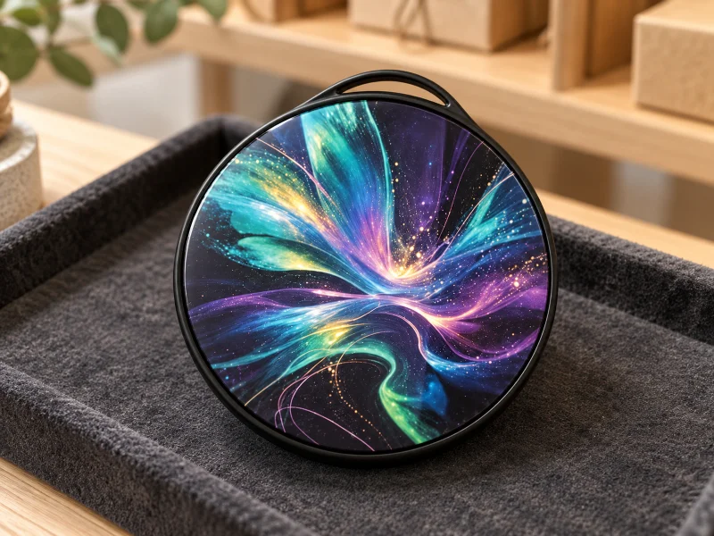 Ilustrasi: Black round electronic badge with abstract colour swirl display on a counter in the Netherlands