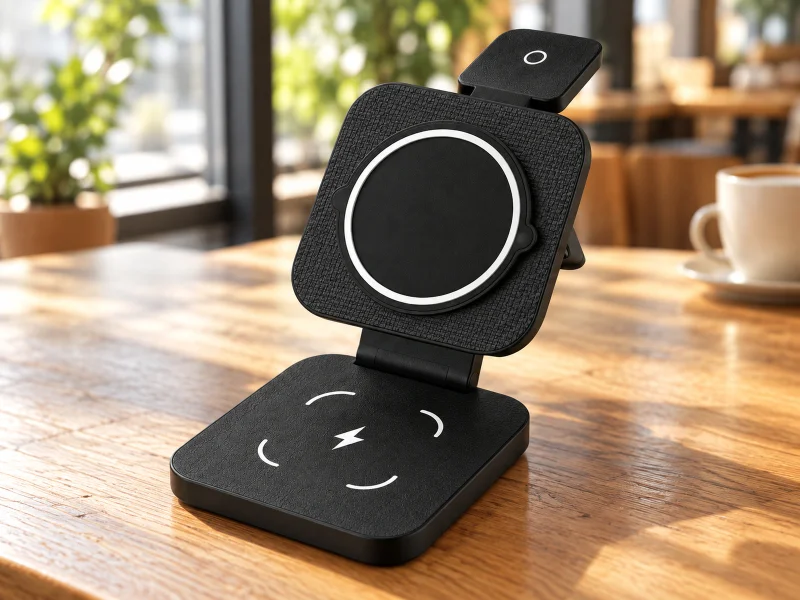 Illustration: Black open folding three-in-one charging stand on a desk in the Netherlands