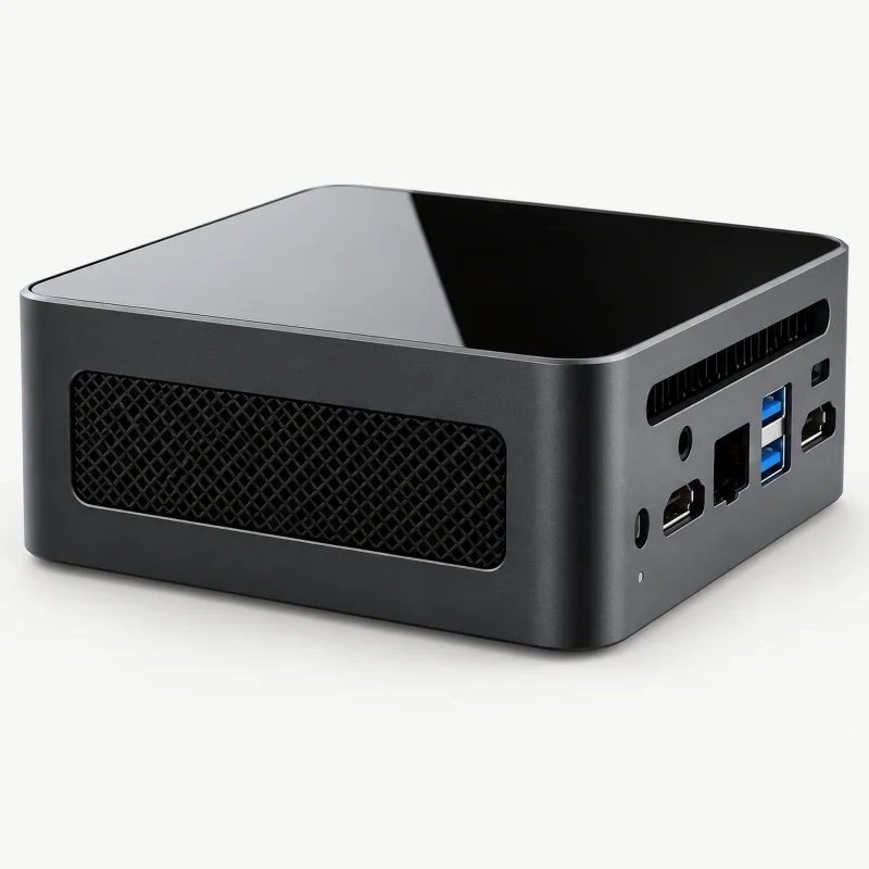 Compact black glossy-top mini PC on a light studio background
