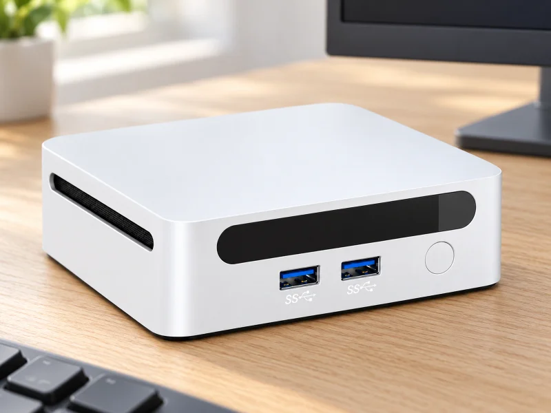 Illustration: Compact white mini PC on an office desk