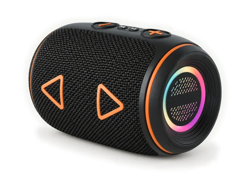 Compact barrel-shaped portable speaker with woven grille and RGB end ring on a light studio background