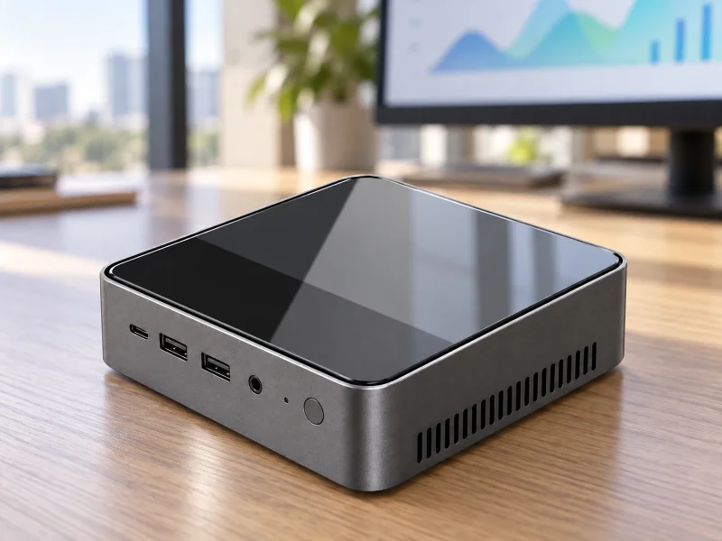 Illustratie: Dark glass-top square mini PC on a desk