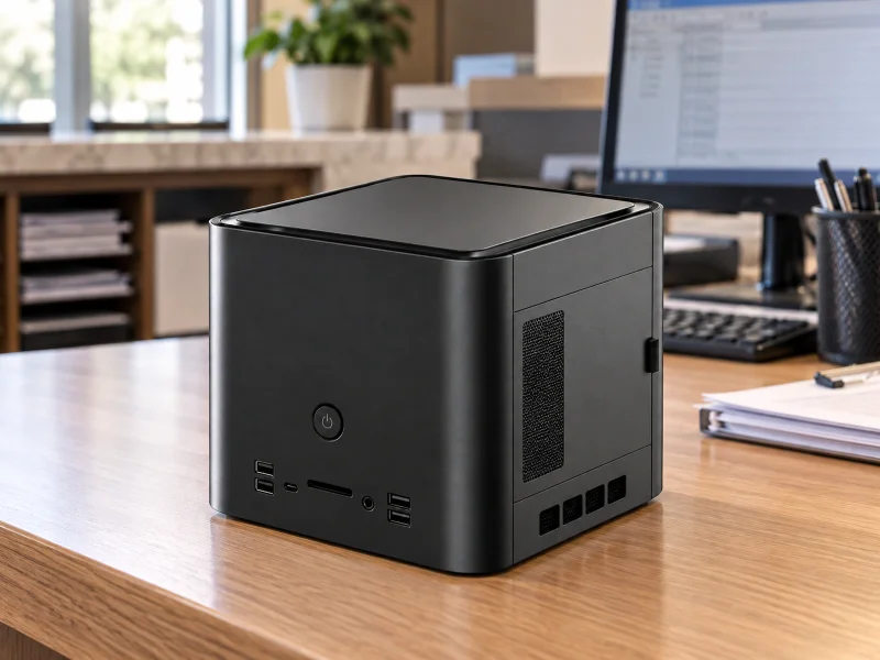 Illustration: Compact black mini workstation on a desk