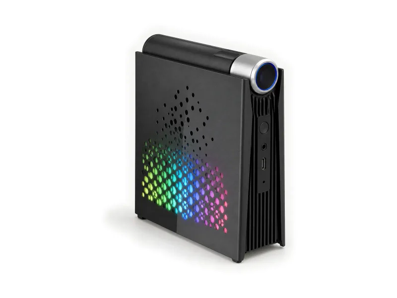 Black upright mini PC on a light studio background