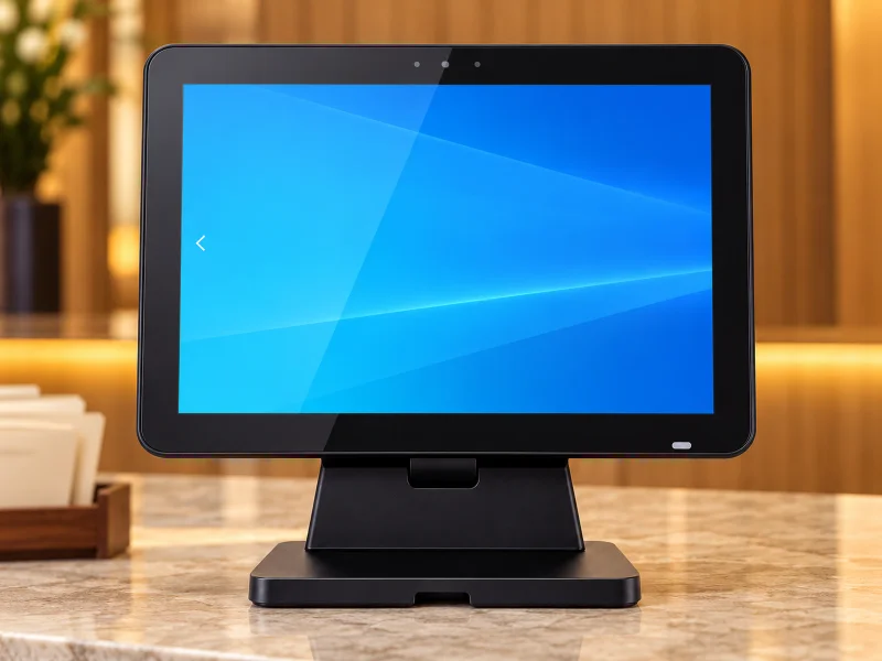 Illustration: Black front-view POS terminal with short sloped stand and notched base on a counter in the UK