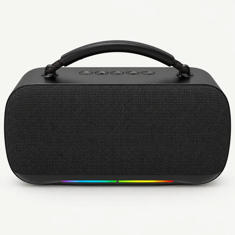 Black portable speaker with an arched carry handle and lower rainbow light strip on a light studio background