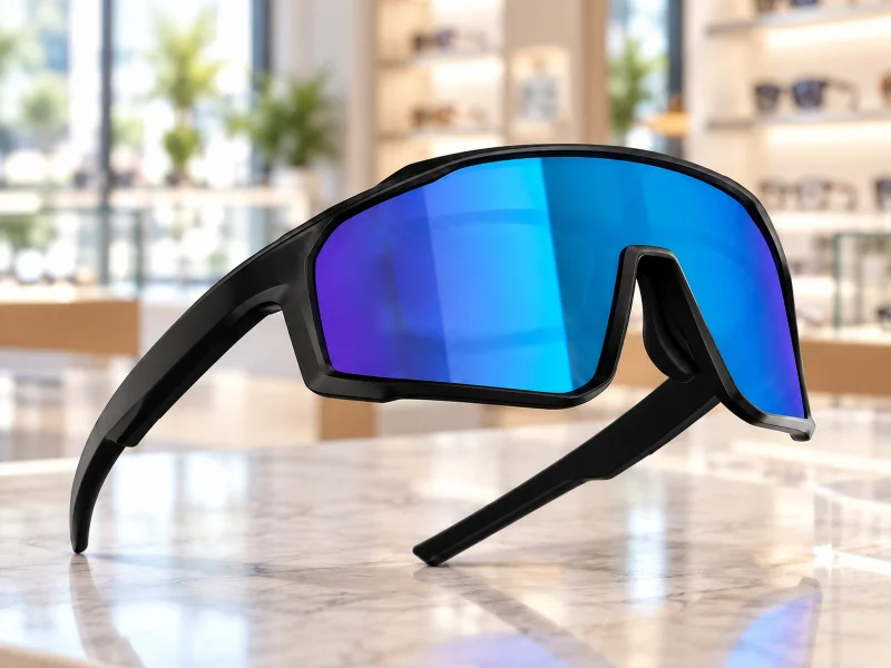Illustratie: Black sports audio glasses with blue mirrored wraparound lens on a counter in Singapore