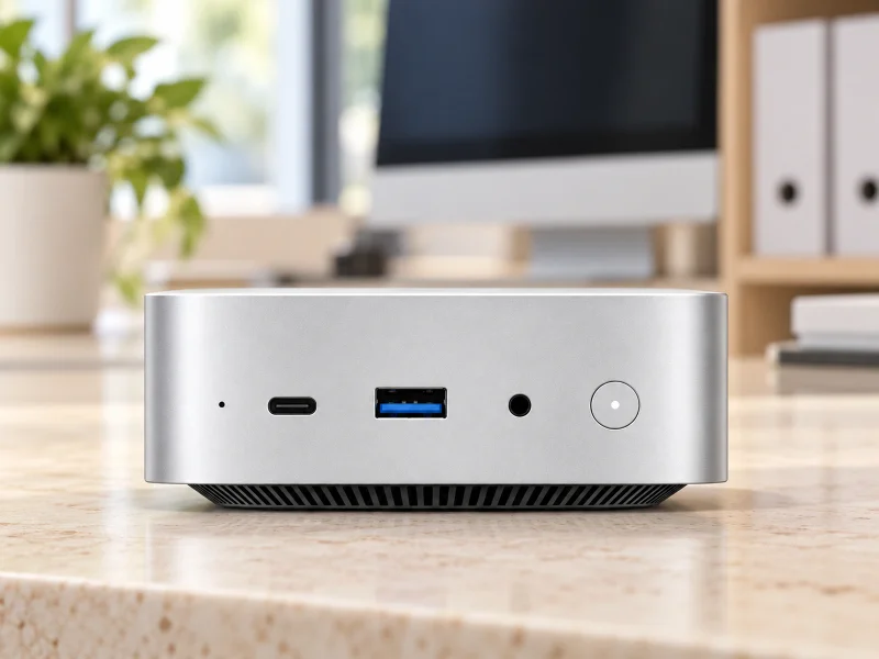 插图:Silver mini PC with black underside vent on a counter