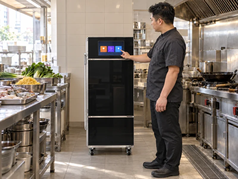 插图:Compact enclosed cooking robot on a desk in Singapore