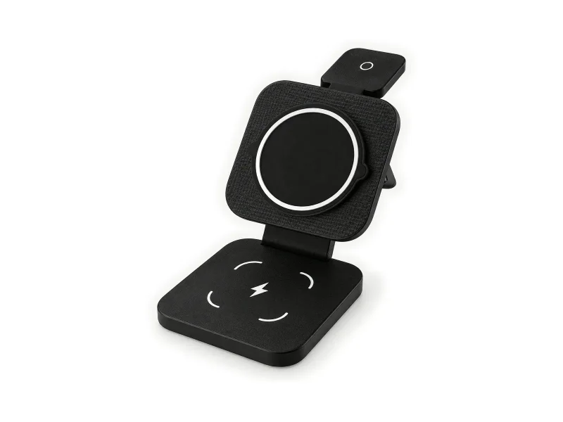 Black open folding three-in-one charging stand on a light studio background