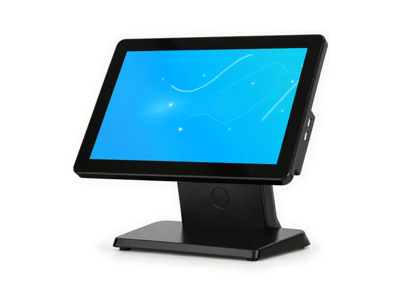 Black single-screen POS touchscreen on broad sloping pedestal on a light studio background