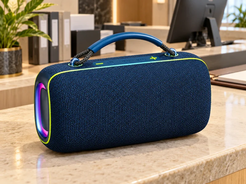 Ilustrasi: Navy rounded rectangular portable speaker with braided carryhandle on a desk
