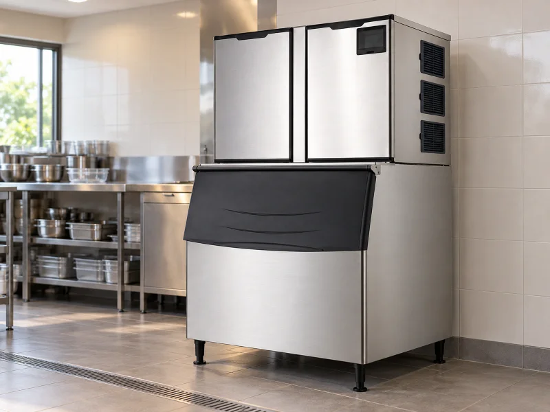 Illustration: Wide modular stainless cube ice maker on a desk