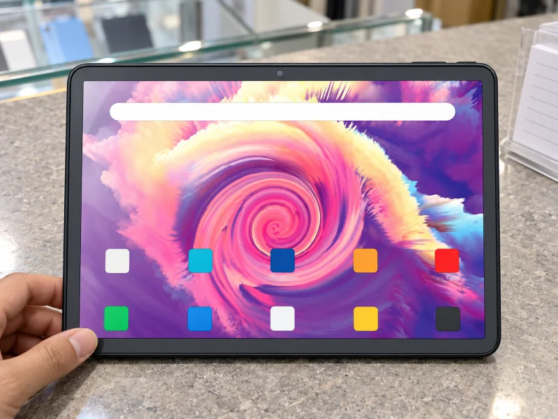 Ilustrasi: 11.5 inch dark grey tablet on a counter