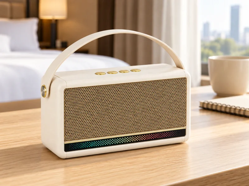 插图：Ivory portable retro speaker with gold grille, arched strap and dotted light bar on a desk in Malaysia