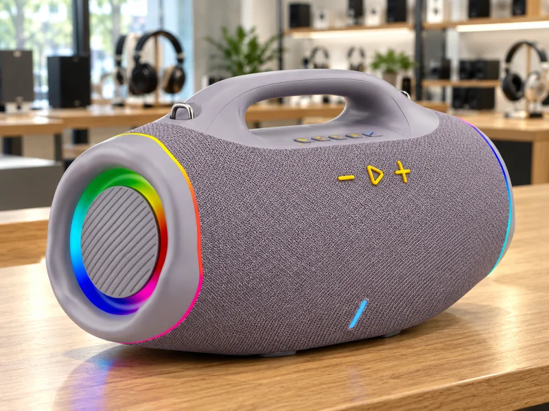 Ilustrasi: Lavender gray portable carryhandle speaker on a desk