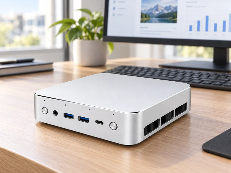 Ilustrasi: Low-profile silver mini PC on a desk