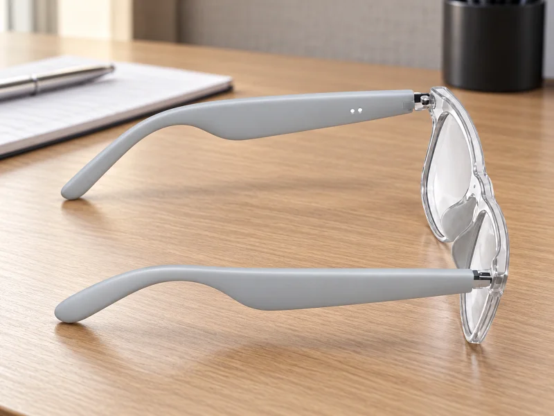 Illustratie: Light grey audio glasses with clear lenses on a desk in the UK