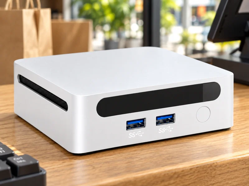 Illustration: Compact white mini PC on a shop checkout counter