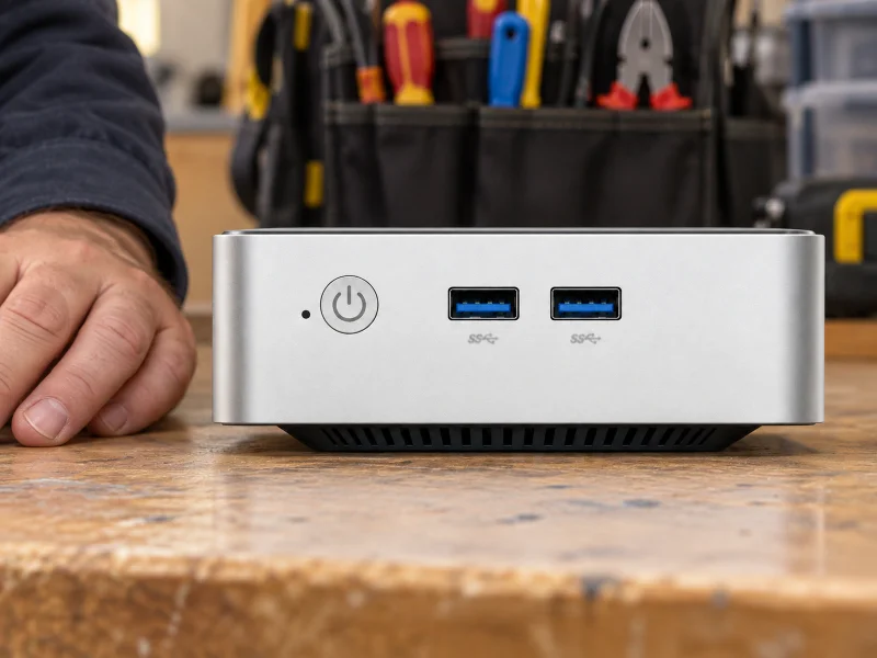 插图：Silver compact mini PC on an installer workbench