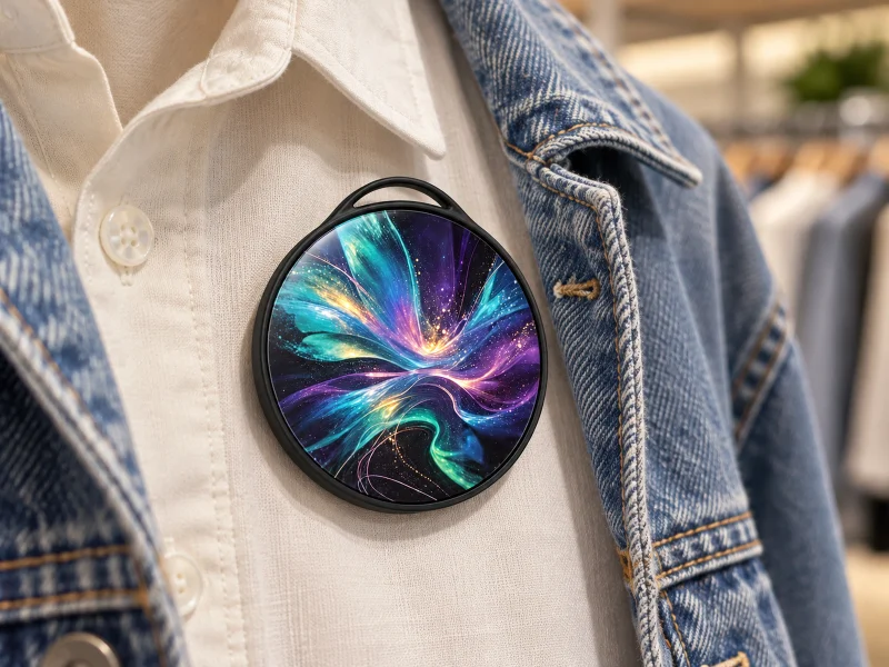 Ilustrasi: Black round electronic badge with abstract colour swirl display on a desk in Singapore