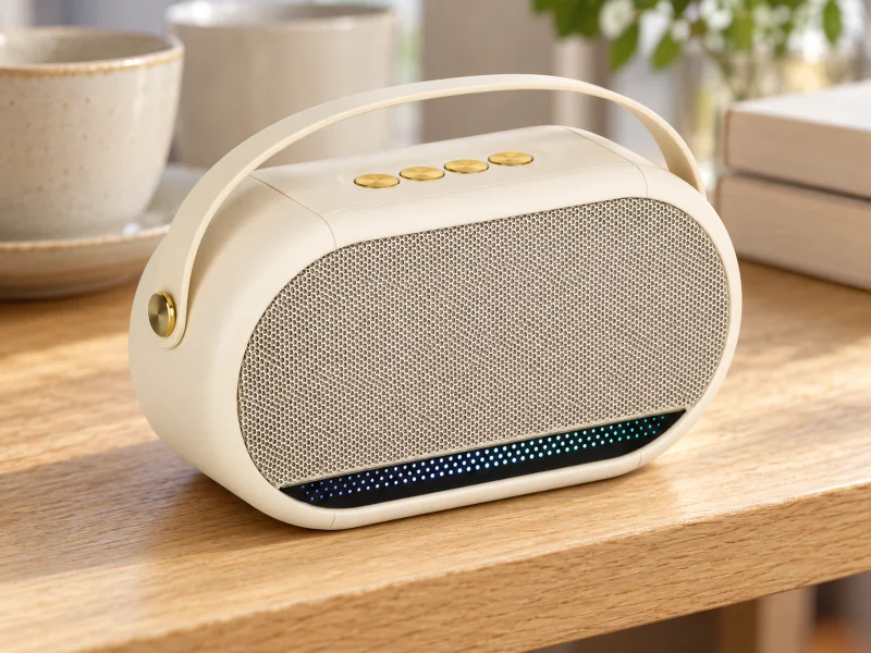 Illustratie: Ivory oval portable speaker with warm-silver grille and low carry strap on a shelf in the UK