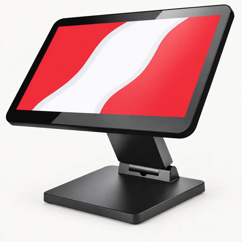 Black landscape POS terminal with sloping neck and broad flat base on a light studio background