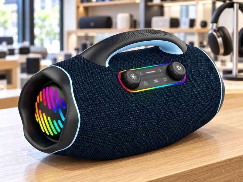 插图：Dark navy portable carryhandle speaker on a desk