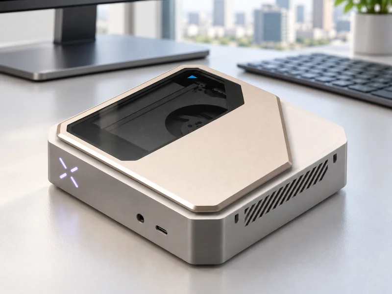 插图：Champagne and gunmetal edge AI mini PC with transparent top window on a desk in Singapore