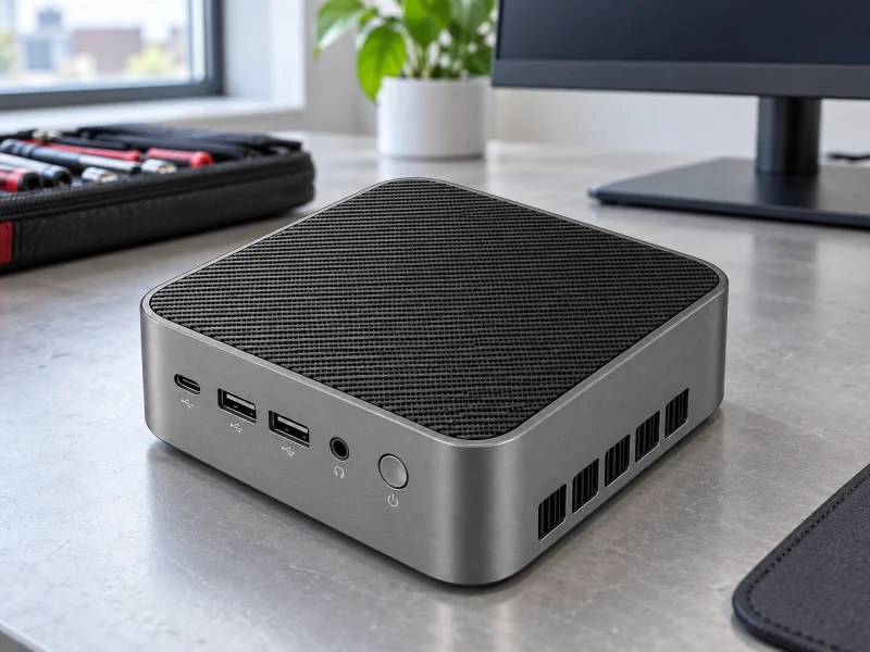Ilustrasi: Graphite mini PC with black ridged mesh top on a workbench