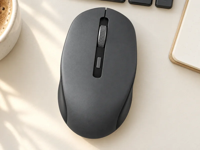 Illustration: Grey wireless mouse in a cafe office