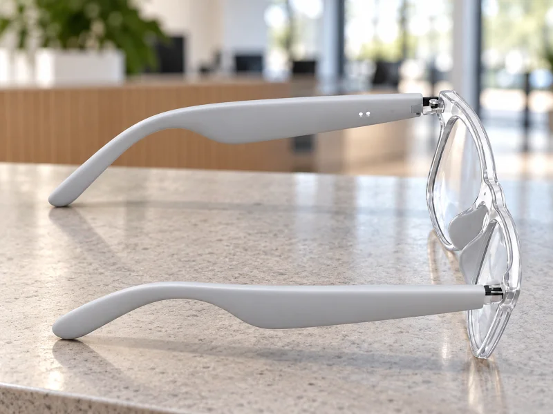 Illustratie: Light grey audio glasses with clear lenses on a counter in the Netherlands
