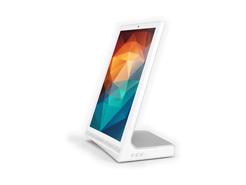 white portrait counter display with integral base on a light studio background